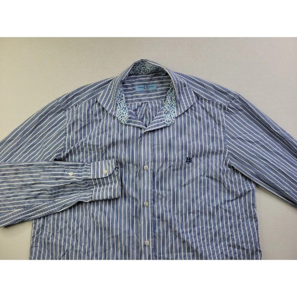 Harmont & Blaine Flip Cuff Men's XL White Blue Stripe Casual Button Dress Shirt - Picture 2 of 11